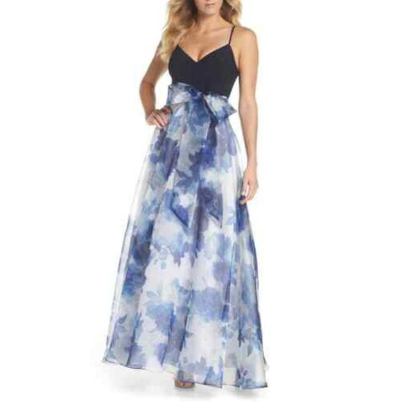 Eliza J Dresses & Skirts - Eliza J Blue Jersey Organza Floral Chiffon Maxi Ball Gown Dress Size 2